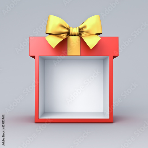 Blank display red present box showcase stand or red gift box mock up with golden ribbon bow isolated on white grey background with shadow 3D rendering