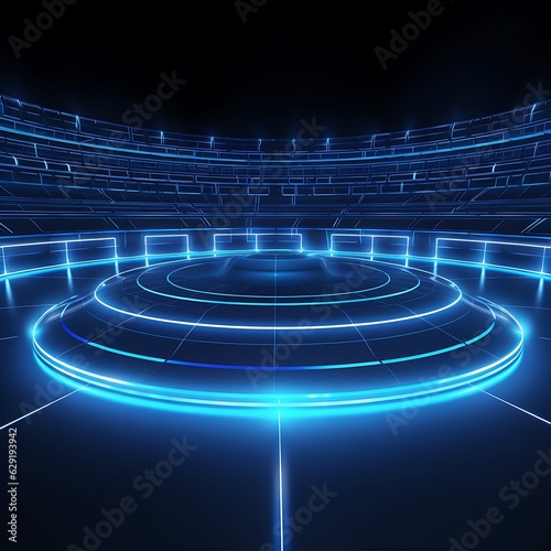 Futuristic Neon Lights Illuminate E-Sport Arena Glowing Dark Blue Background for High-Tech Game Battle