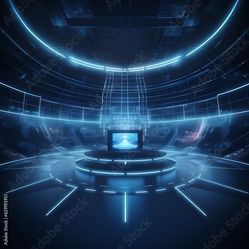 Futuristic Neon Lights Illuminate E-Sport Arena Glowing Dark Blue Background for High-Tech Game Battle