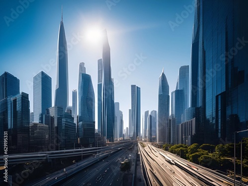 futuristic building city background City landscape and road in cinematic daylight generative ai illustration art © gmm2000