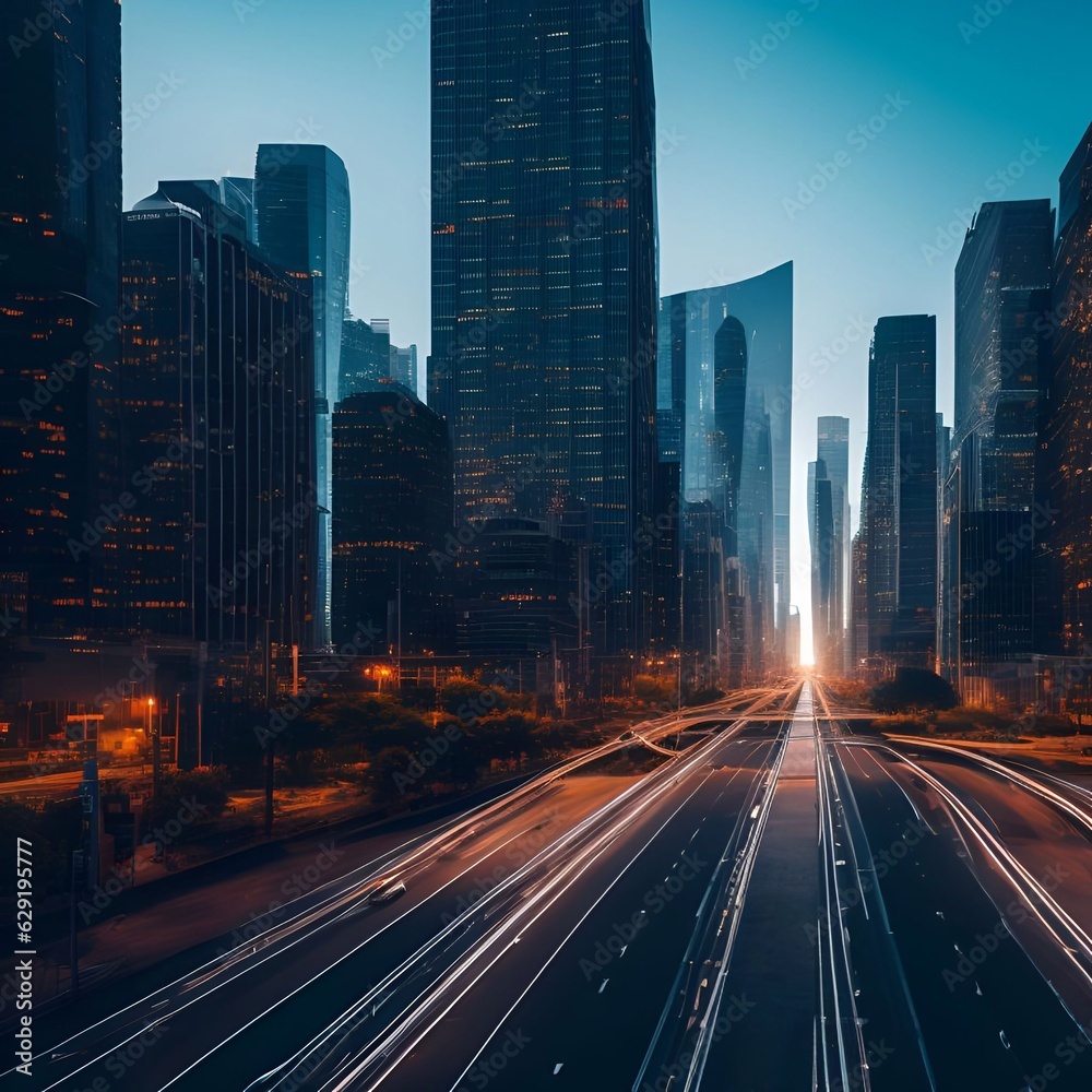 Obraz premium futuristic building city background City landscape and road in cinematic daylight generative ai illustration art