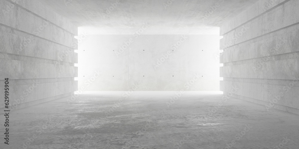 Abstract empty, modern concrete room with structured walls to the left and right and rough floor - industrial interior background template Abstract empty, modern concrete room with structured walls to the left and right and rough floor - industrial interior background template