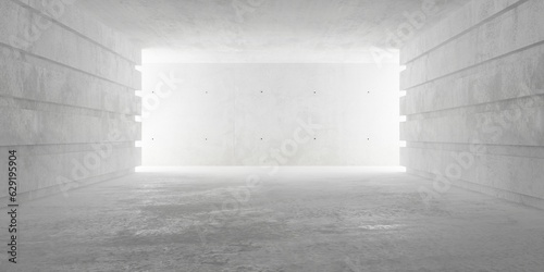 Abstract empty, modern concrete room with structured walls to the left and right and rough floor - industrial interior background template