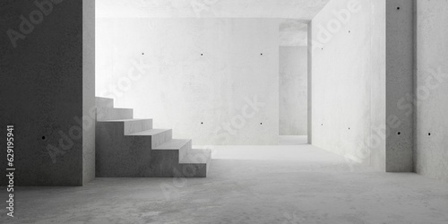 Abstract large, empty, modern concrete room with stairs, indirect light and and rough floor - industrial interior background template