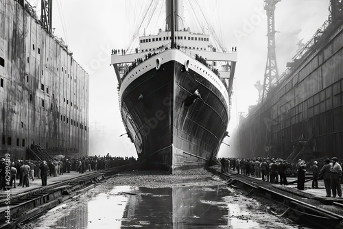 vintage photo of the Titanic in construction site, dry dock in 1910. Black and white vintage photography. the majestic Titanic rises, a marvel of engineering and ambition taking shape.