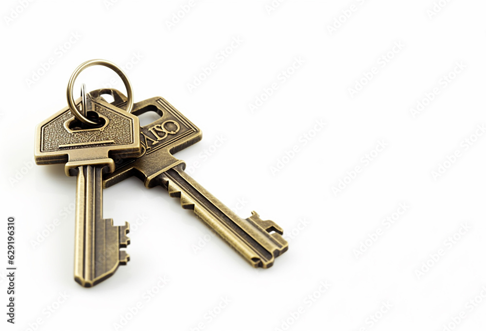 House key with a house shaped keychain, isolated on white background House key with a house shaped keychain, isolated on white background