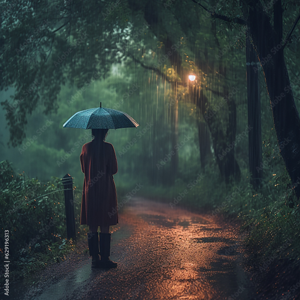 lonely woman standing in the rain on the road - obrazy, fototapety, plakaty 