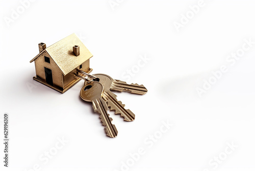 House key with a house shaped keychain, isolated on white background