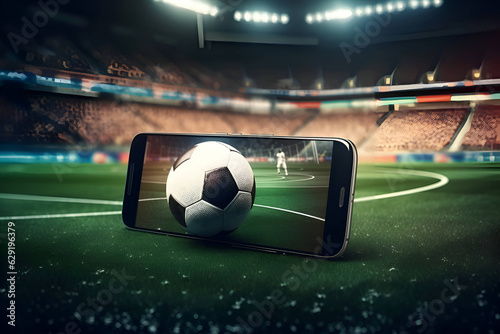 Ball with a smartphone on the football field, online game 1 photo