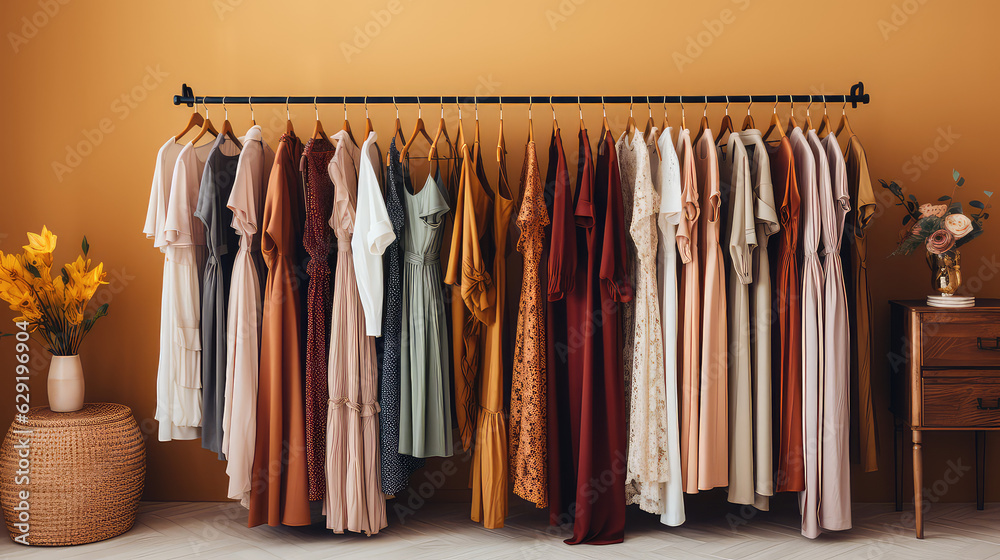 Fashionable women's closet wallpaper. Summer closet, dresses and shirts on hangers. Creative concept of women's clothing showroom, designer dresses store.