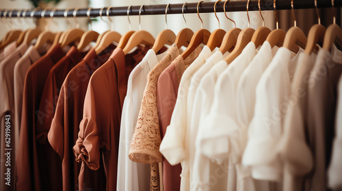 Fashionable women\'s closet wallpaper. Summer closet, dresses and shirts on hangers. Creative concept of women\'s clothing showroom, designer dresses store.