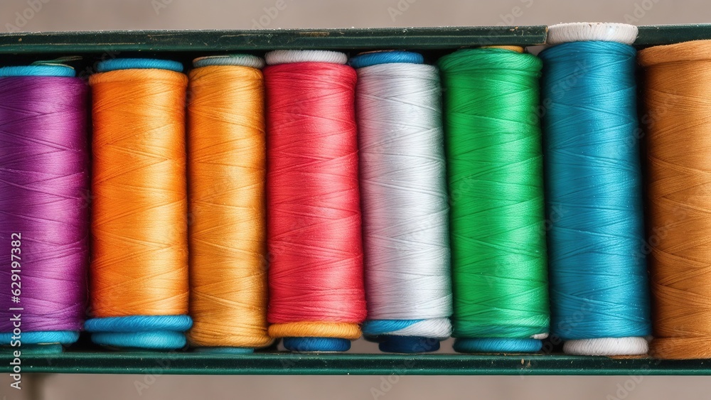 3D illustration of rows of colorful sewing threads on a white background 3D illustration of rows of colorful sewing threads on a white background