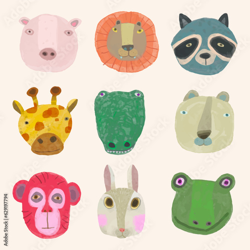 Animal face set. watercolor vector illustration. chidren art.