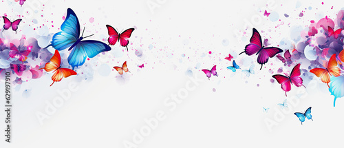 beautiful pink, orange and blue butterflies on white background with copy space