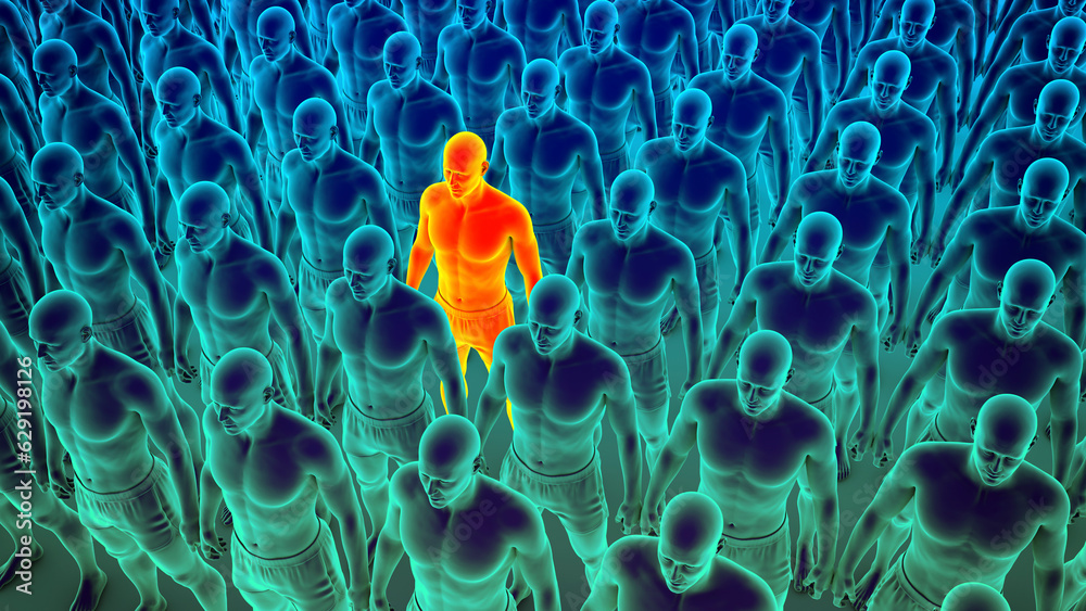 A clone of identical people standing in an organized manner, with one person colored differently, 3D conceptual illustration - obrazy, fototapety, plakaty 