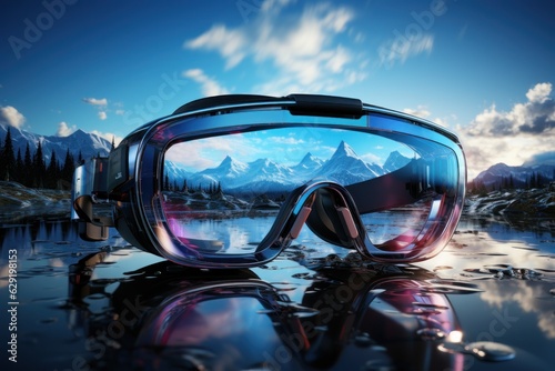 Virtual reality glasses on water with mountain natural view with surreal concept, generative Ai