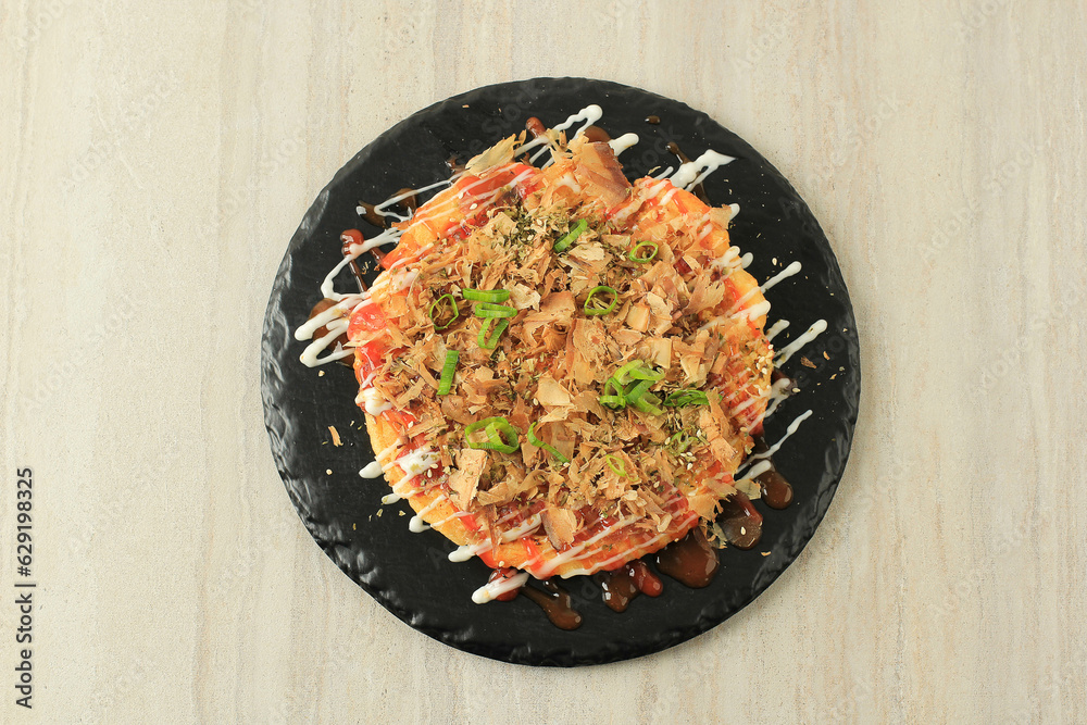 Top View Japanese Savory Egg Pancake Okonomiyaki Top View Japanese Savory Egg Pancake Okonomiyaki