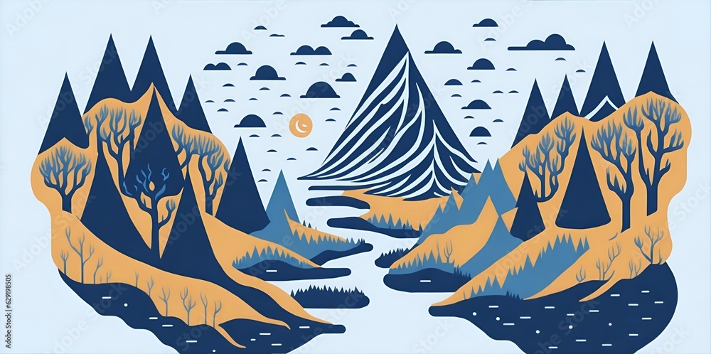 Nordic cartoon landscape. AI generated illustration