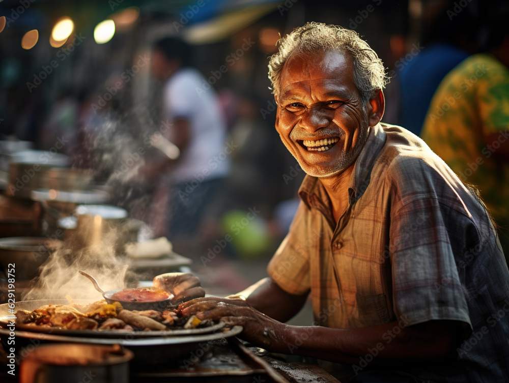 showcases the warm smile of a street food vendor as they interact with a satisfied customer. The photograph is taken during a lively street food market, capturing the essence of community