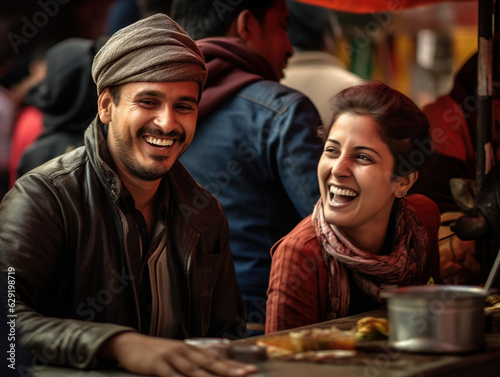 showcases the warm smile of a street food vendor as they interact with a satisfied customer. The photograph is taken during a lively street food market  capturing the essence of community