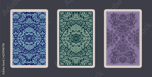 Back playing cards with vintage abstract floral ornaments, baroque, modernist and art nouveau style