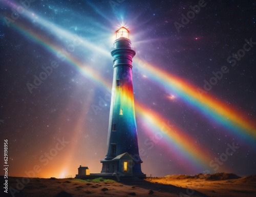 Graphic rendering of a lighthouse radiating colorful lights, associated with ideas of aspiration, delight, and heterogeneity.