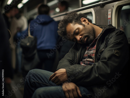 This candid close-up shot features urban commuters finding a moment of respite on a busy city bench or subway platform.