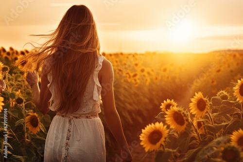 Foto Back view of woman walking by blooming sunflower field at sunset