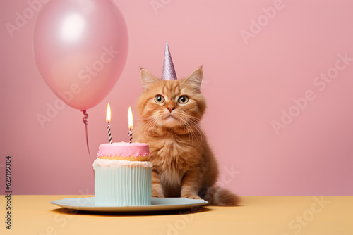 Obraz na płótnie Cat with birthday cake. AI generated
