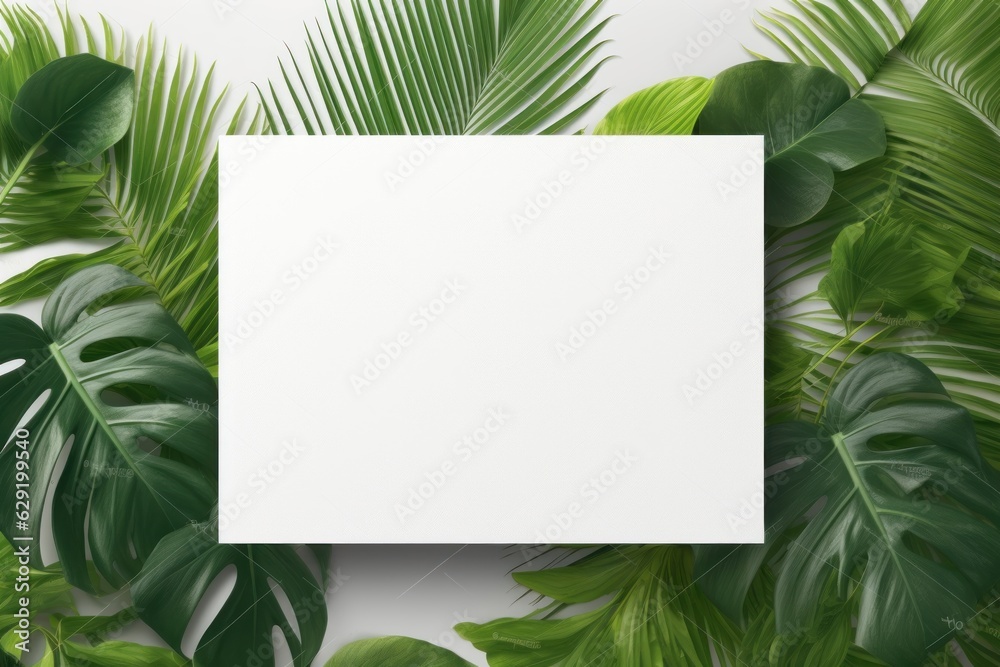 Tropical foliage background with blank card. AI generated Tropical foliage background with blank card. AI generated