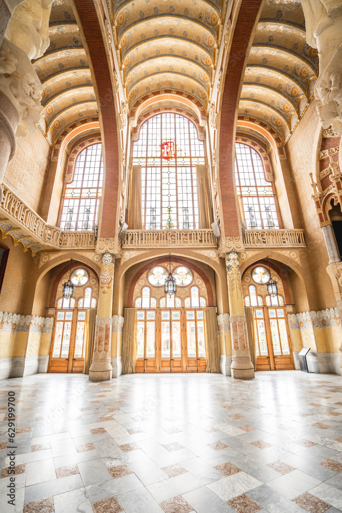 Hospital Sant Pau Barcelona old beautiful building stained glass windows with beautiful woodwork architecture
