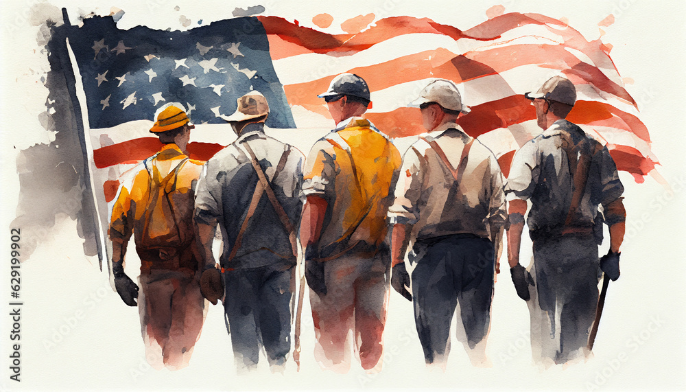 Labor day concert, memorial day Group of workman back view in watercolor style , USA flag Ai generated image