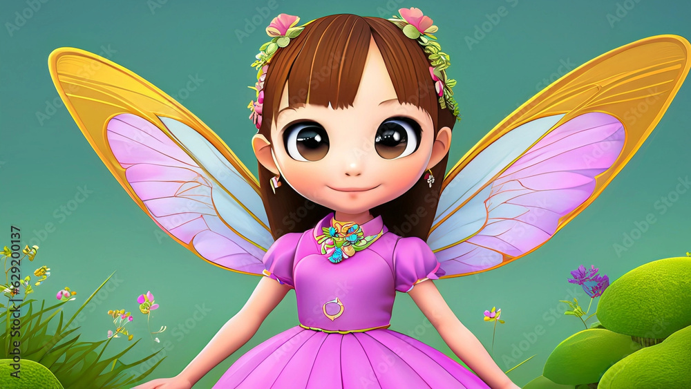 A cute little cartoon fairy with brown hair and eyes and pink dress and wings A cute little cartoon fairy with brown hair and eyes and pink dress and wings