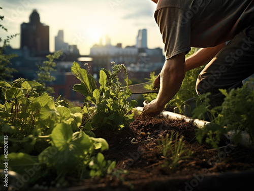A world-class photographer focuses on the hands of an urban gardener tending to a thriving rooftop or community garden.