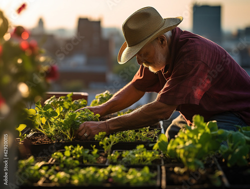 A world-class photographer focuses on the hands of an urban gardener tending to a thriving rooftop or community garden.