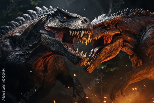 An action-packed image showcasing two mighty dinosaurs engaged in an epic battle for territorial dominance, highlighting the raw power and intensity of the ancient creatures. Generative AI © bluebeat76