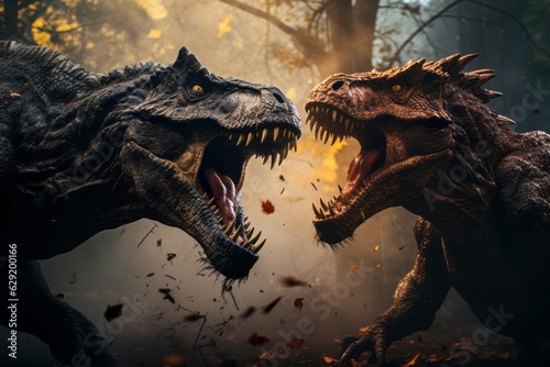 An action-packed image showcasing two mighty dinosaurs engaged in an epic battle for territorial dominance, highlighting the raw power and intensity of the ancient creatures. Generative AI