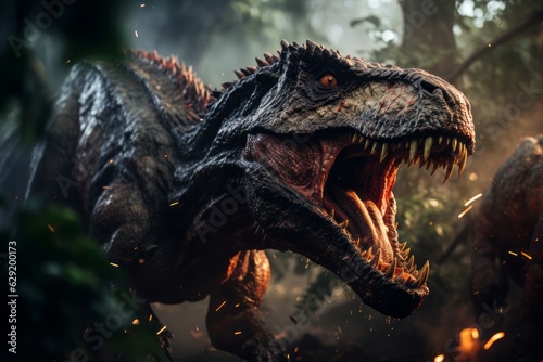 An action-packed image showcasing two mighty dinosaurs engaged in an epic battle for territorial dominance  highlighting the raw power and intensity of the ancient creatures. Generative AI