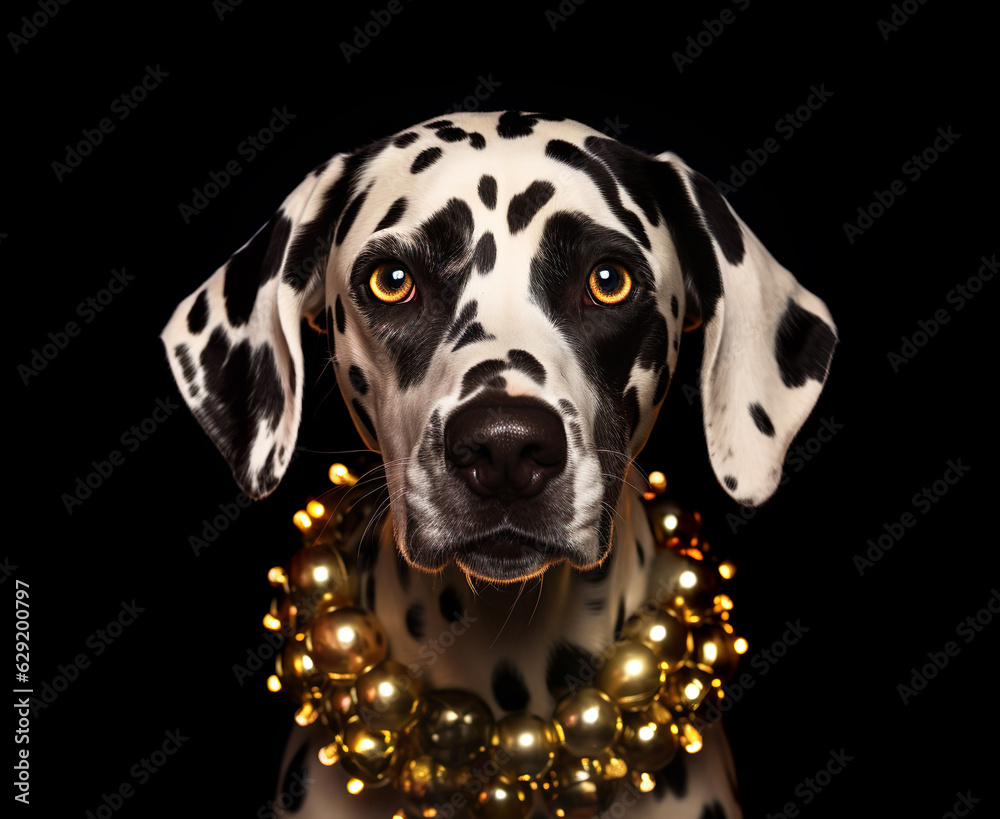 Studio portrait of a Dalmatian dog wearing Christmas decoration balls, on black background. Black and gold Christmas postcard.