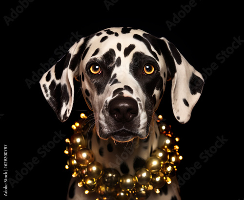 Studio portrait of a Dalmatian dog wearing Christmas decoration balls  on black background. Black and gold Christmas postcard.