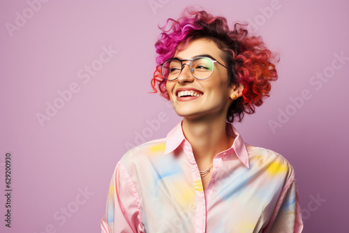 non binary person wearing colorful clothes studio portrait photo