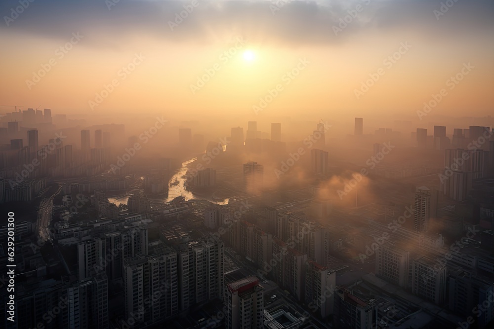 Abstract Blurred city Sunrise Sky Background with Dust, PM 2.5 and air pollution