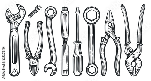 Working tools set. Repair and construction supplies collection. Sketch vintage vector illustration photo