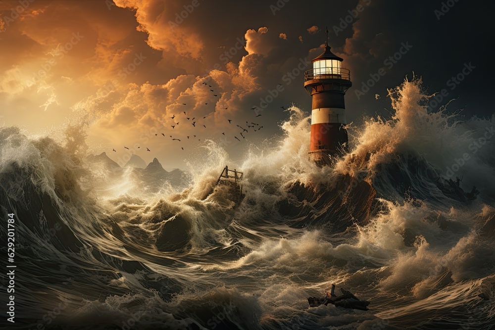 AI generated image - big storm with big waves near a lighthouse.