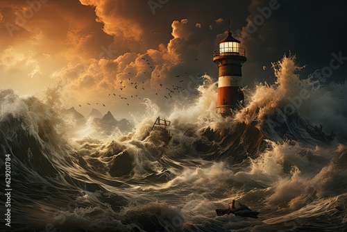 Fotomurale AI generated image - big storm with big waves near a lighthouse.