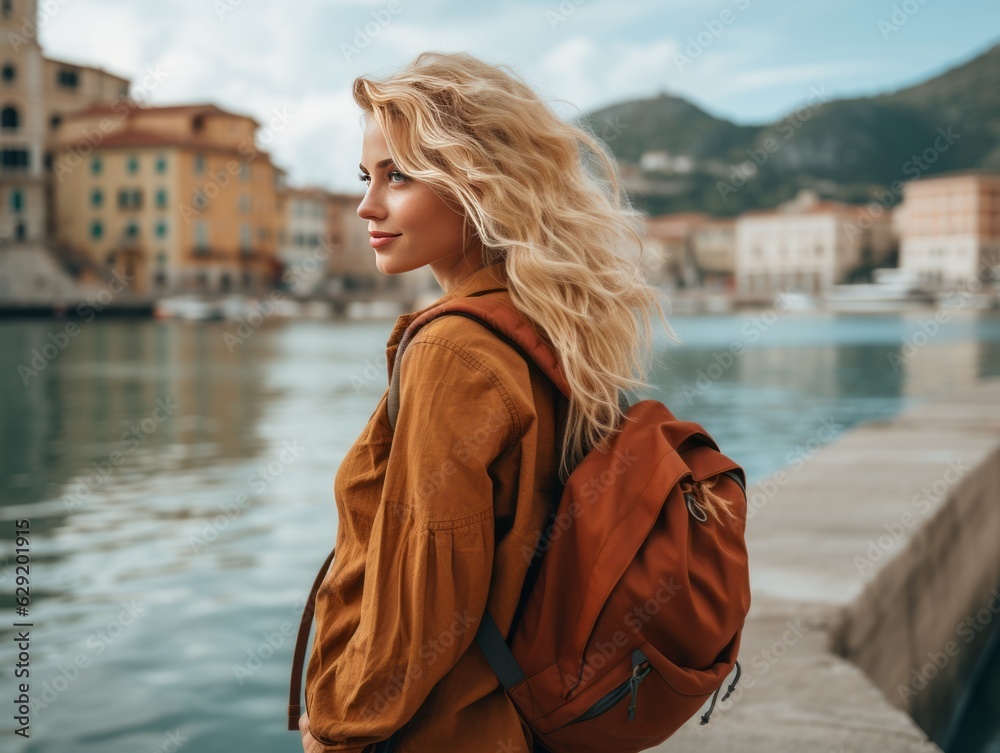 Blonde girl traveling to Italy,Happy face Generative ai