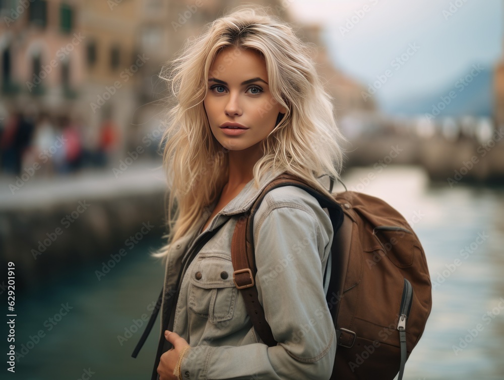 Blonde girl traveling to Italy,Happy face Generative ai Blonde girl traveling to Italy,Happy face Generative ai