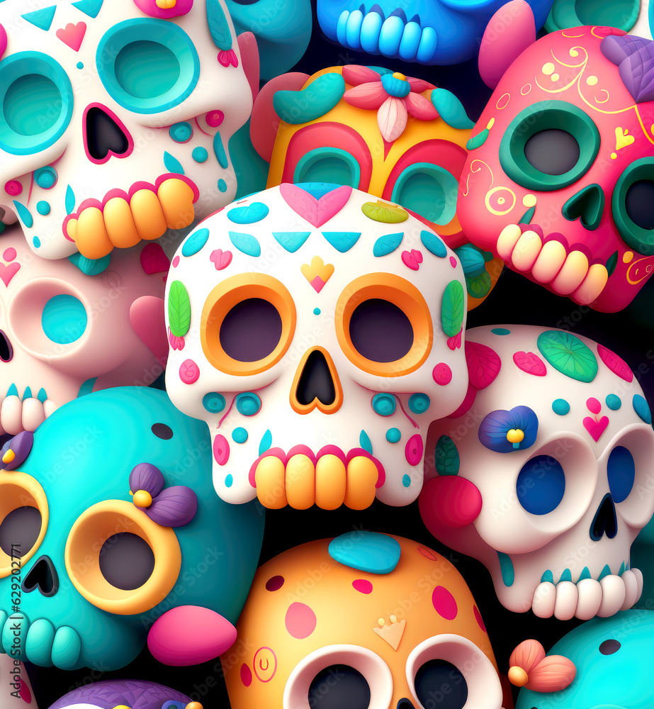 Colorful mexican skulls background. Cute Dia de muertos illustration. Mexican day of the death