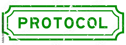 Grunge green protocol word rubber seal stamp on white background