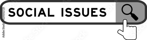 Search banner in word social issues with hand over magnifier icon on white background